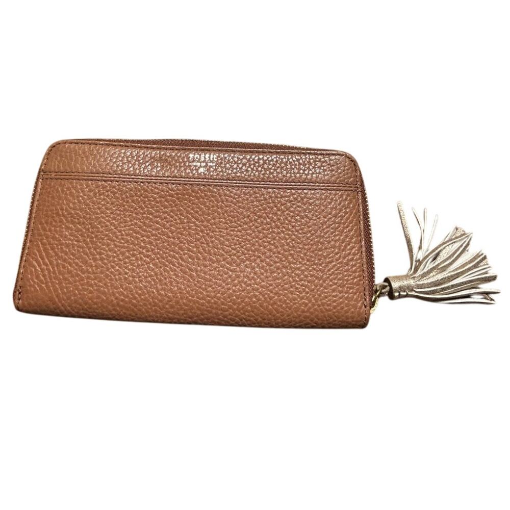 Fossil Tara zip around leather wallet pebbled brown finish side tassel